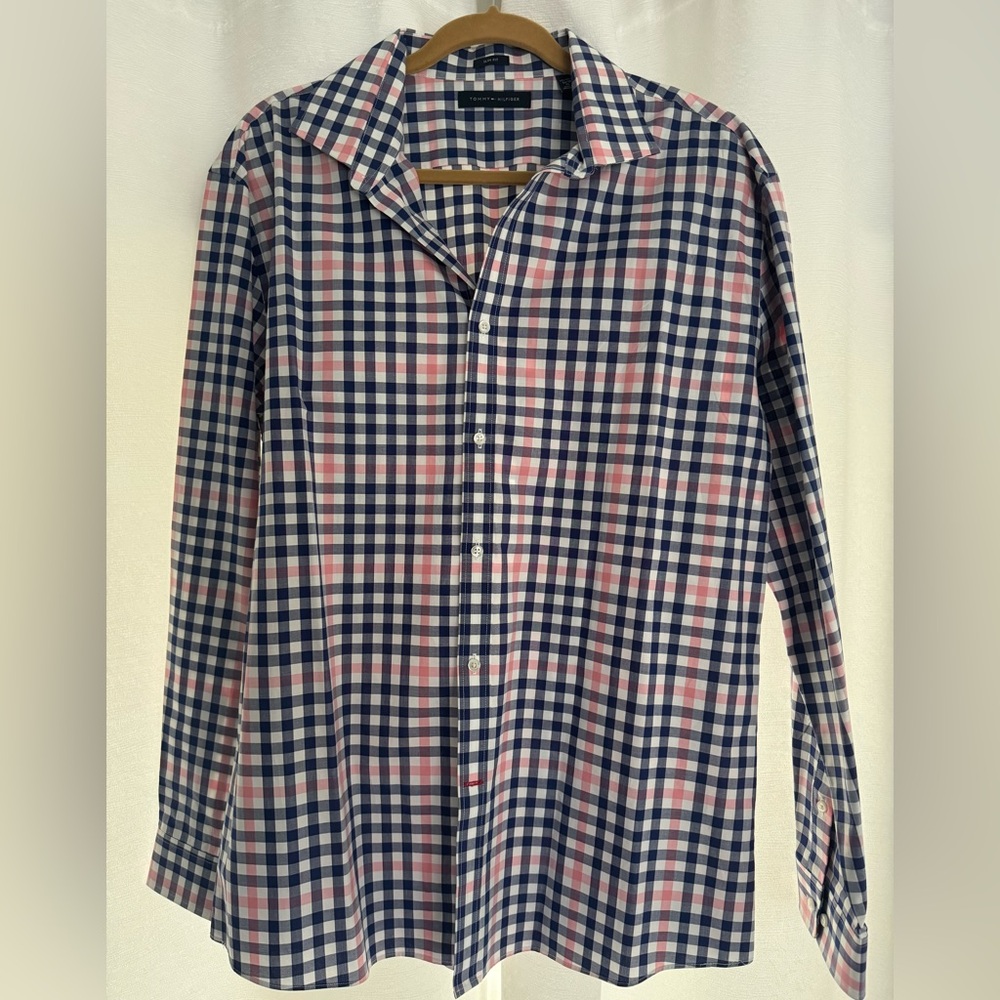 Tommy Hilfiger Mens Sz 17 34/35 Slim Fit Long Sleeve Shirt White Blue Pink